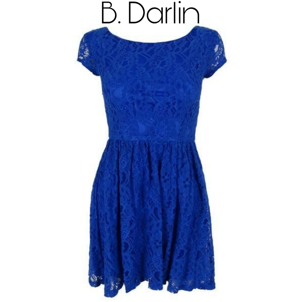 B Darlin Juniors' Lace Scoop Back Dress - Cobalt